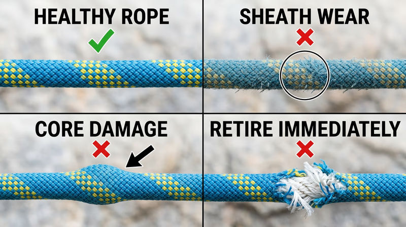 Four-panel comparison of climbing rope conditions: healthy rope, sheath wear, core damage, and rope that should be retired immediately