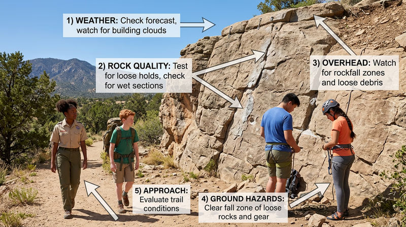 A climbing area with annotated callouts highlighting weather assessment, rock quality, ground hazards, and approach trail evaluation