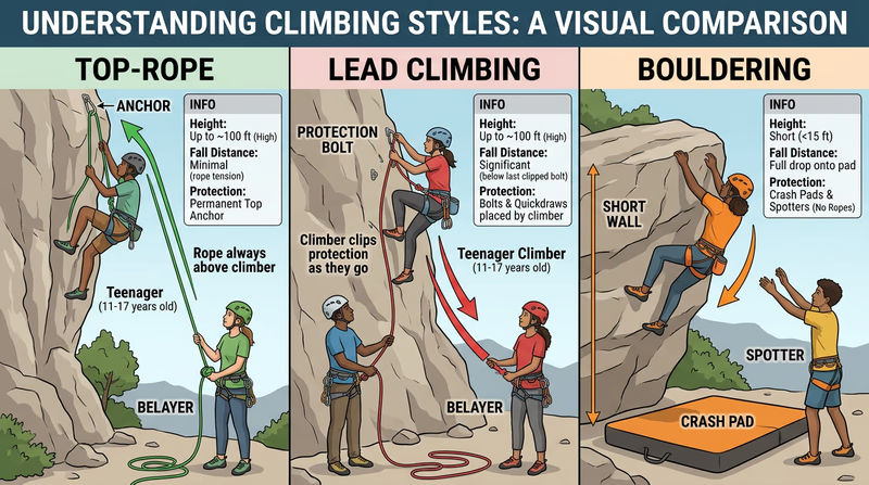 Three-panel comparison of top-rope climbing, lead climbing, and bouldering showing rope systems and protection differences