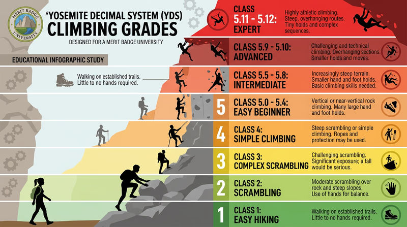 Infographic showing the Yosemite Decimal System from Class 1 through 5.12 with illustrations of terrain and body position at each level