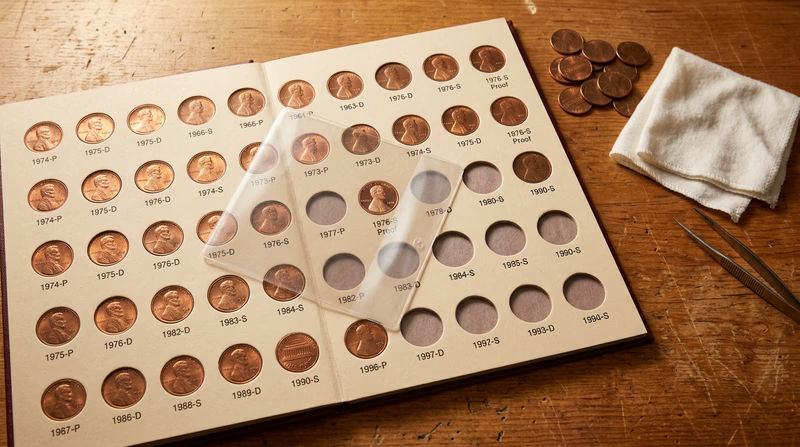 An open coin album showing a page of Lincoln cents organized by year, with some slots filled and others empty, a clear plastic slide partially lifted to reveal a coin underneath