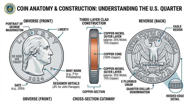 A large detailed diagram of a quarter showing both obverse and reverse sides with labeled parts: obverse (portrait, date, mint mark, motto, designer initials), reverse (design, denomination, mottos), edge showing reeding grooves, and a cross-section cutaway showing the clad layers (copper core between copper-nickel outer layers)