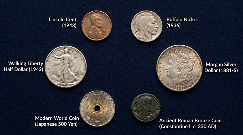 A flat-lay arrangement of diverse coins: a Lincoln cent, Buffalo nickel, Walking Liberty half dollar, Morgan silver dollar, a Roman bronze coin, and a colorful modern world coin, arranged on a dark felt background