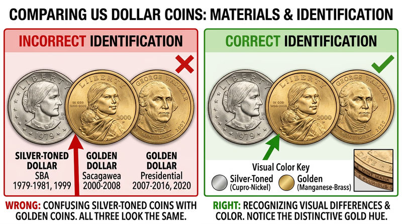Three U.S. dollar coins arranged side by side: the Susan B. Anthony dollar (silver-colored with eleven-sided border), the Sacagawea dollar (golden color, smooth edge), and a Presidential dollar (golden, with edge lettering), each labeled with series name and years