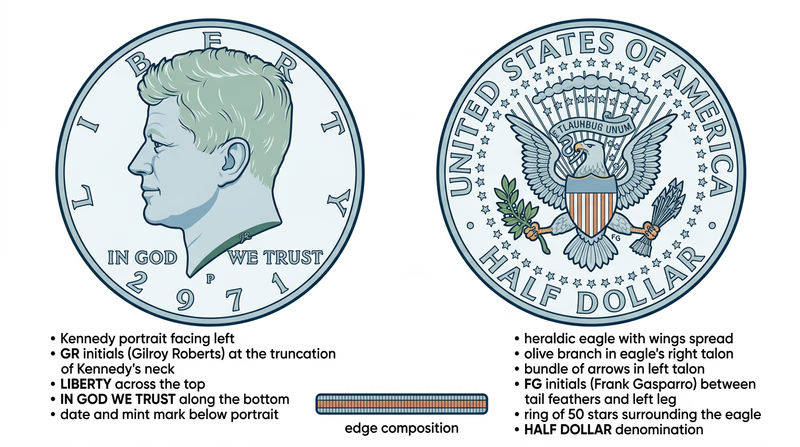 A detailed close-up of a Kennedy half dollar showing both obverse and reverse with labeled callouts pointing to: Kennedy's portrait, GR initials on neck truncation, the heraldic eagle, FG initials between tail feathers, the ring of 50 stars, and the edge showing either silver or clad composition
