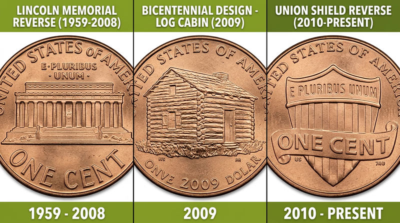 Side-by-side comparison showing three Lincoln cent reverse designs: the Lincoln Memorial (1959-2008), one of the four 2009 bicentennial designs (log cabin), and the Union Shield (2010-present), each clearly labeled with years and designer initials
