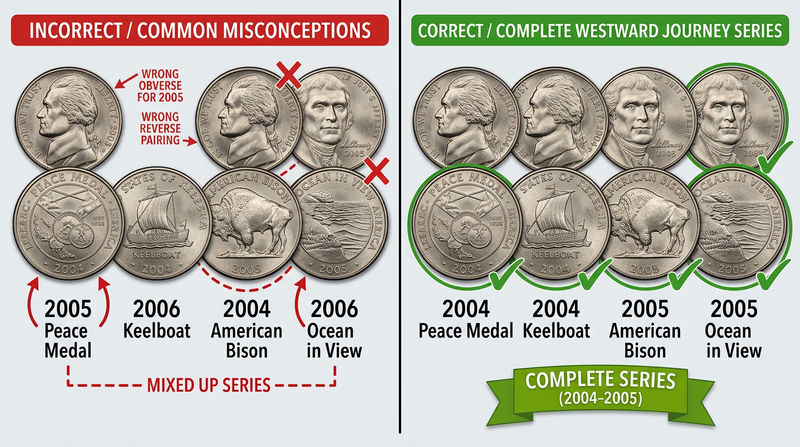 Four nickels arranged in sequence showing the 2004-2005 Westward Journey designs: Peace Medal reverse, Keelboat reverse, American Bison reverse with new Jefferson obverse, and Ocean in View reverse, each labeled with year and design name