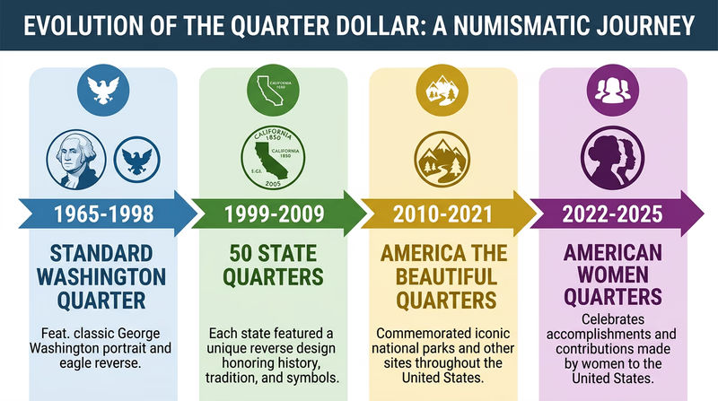An infographic timeline showing the evolution of the quarter: a standard Washington quarter (1965-1998), then the 50 State Quarters era (1999-2009) with a sample state design, the America the Beautiful era (2010-2021) with a national park design, and the American Women era (2022-2025) with a notable woman design, with years and program names clearly labeled