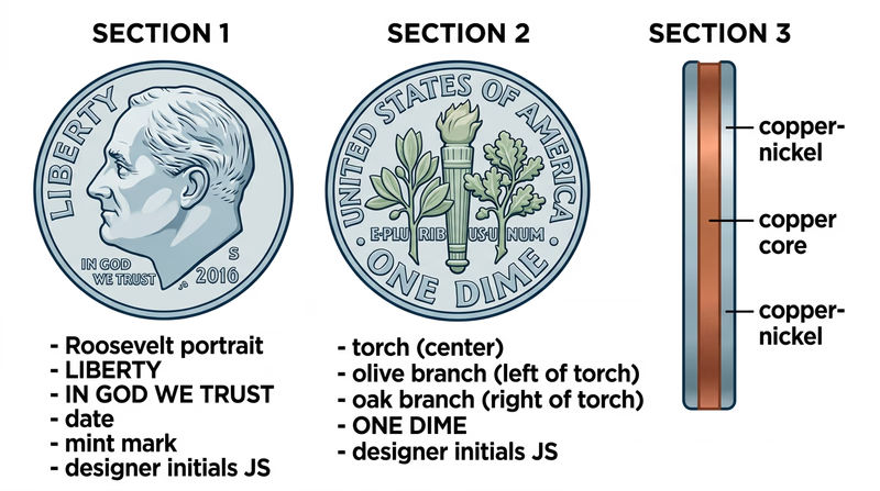 A large, detailed view of a Roosevelt dime showing both obverse and reverse, with labeled callouts pointing to: Roosevelt's portrait, JS initials on neck, LIBERTY text, date, mint mark location, torch on reverse, olive branch, oak branch, and denomination. An edge-on view shows the copper-nickel clad layers