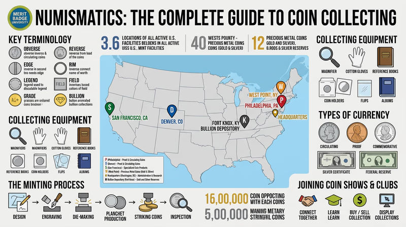 A simple map of the United States showing the locations of all active U.S. Mint facilities: Philadelphia (PA), Denver (CO), San Francisco (CA), West Point (NY), Washington D.C. headquarters, and Fort Knox (KY), with each location labeled with its mint mark letter