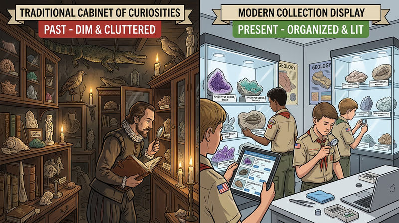 Split comparison: left side shows a Renaissance cabinet of curiosities with shells, minerals, and taxidermy; right side shows a modern collector's organized display with LED lighting, labeled cases, and a tablet for cataloging