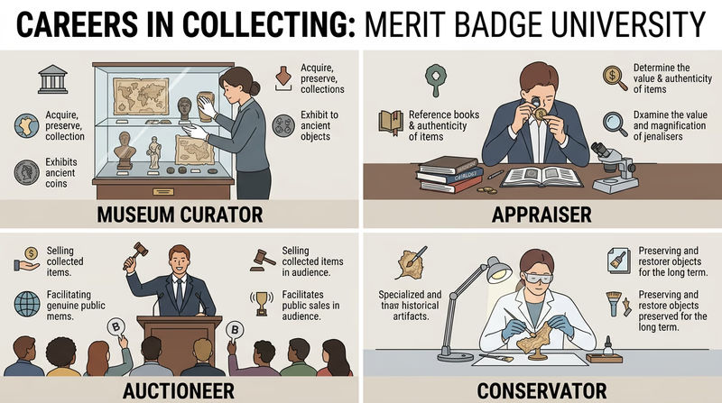 A montage showing four collecting career scenes: a museum curator arranging an exhibit, an appraiser examining an item with a loupe, an auctioneer at a podium, and a conservator carefully cleaning a historical artifact