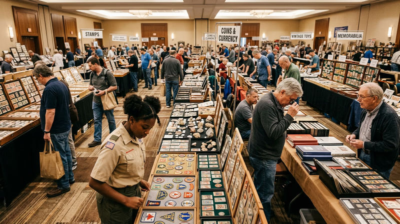 A wide view of a busy collector show floor with dealers at tables displaying items, attendees examining collections with magnifying glasses, and banner signs for different collecting categories