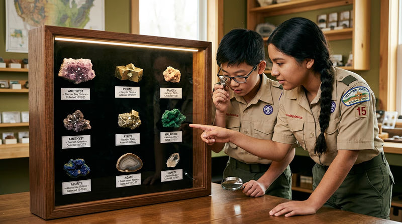 A well-organized collection display case showing mineral specimens in a shadow box with printed labels, proper lighting, and a felt-lined interior