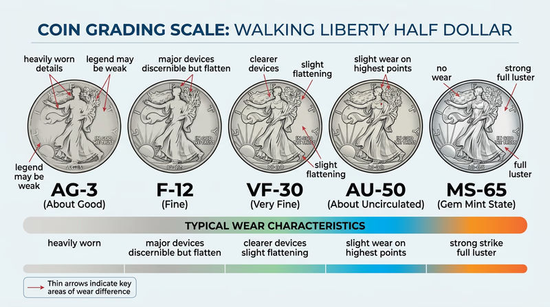 An educational diagram showing a single type of collectible item (like a coin) at five different grades from Poor to Mint State, with labeled arrows pointing to the specific signs of wear that distinguish each grade