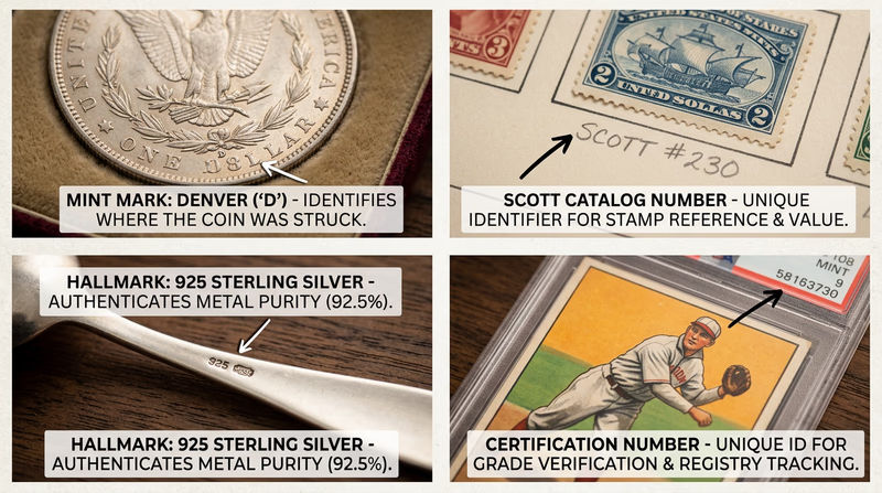 A magnified close-up view showing identification marks on collectibles: a coin mint mark, a stamp catalog number, a hallmark on silver, and a serial number on a graded card slab, all labeled with arrows