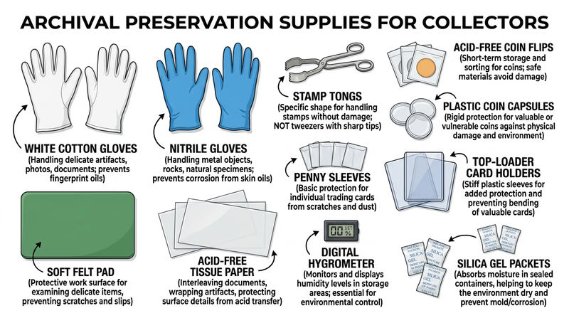 An array of archival preservation supplies laid out on a table: acid-free album pages, cotton gloves, stamp tongs, coin capsules, penny sleeves, top-loaders, and a soft felt pad