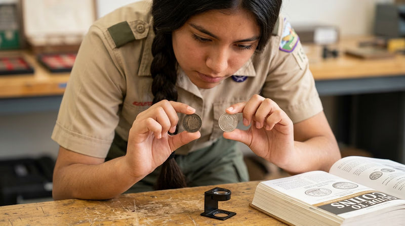 A Scout holding two similar items side by side, comparing quality — one worn and one in excellent condition — with a magnifying glass nearby