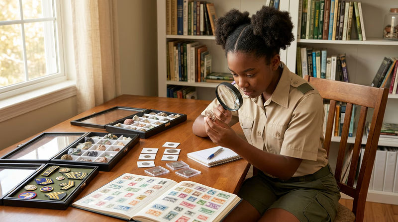 A Scout sitting at a table examining items from a diverse collection with a magnifying glass, surrounded by organized display cases and albums