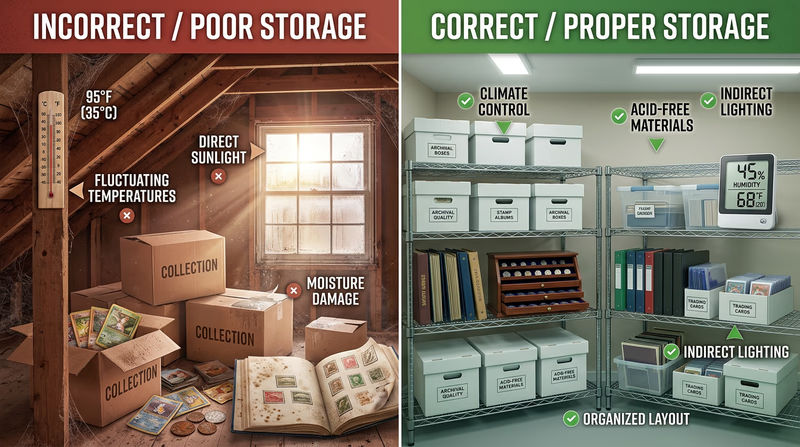 Split comparison: left side shows a humid attic with fluctuating temperatures and sunlight damage on stored items; right side shows a climate-controlled room with archival boxes on shelves and a hygrometer showing ideal humidity