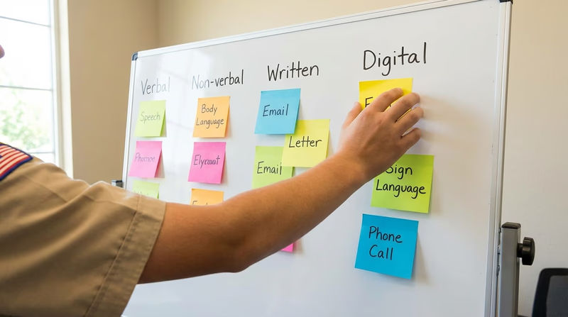 A whiteboard covered with sticky notes listing different communication methods, organized by category, with a Scout's hand adding a new note