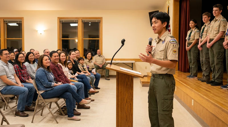 A Scout in uniform standing at a podium during a court of honor ceremony, with award recipients lined up and families watching from chairs