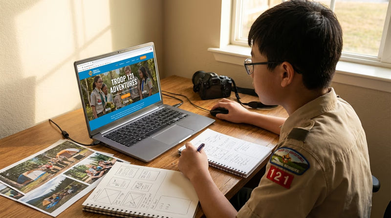 A Scout working on a laptop, designing a website with a troop page visible on the screen, with notes and photos spread on the desk