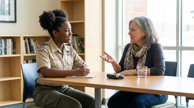 A Scout sitting across a table from a community leader, taking notes in a notebook during an interview, with both people engaged in conversation