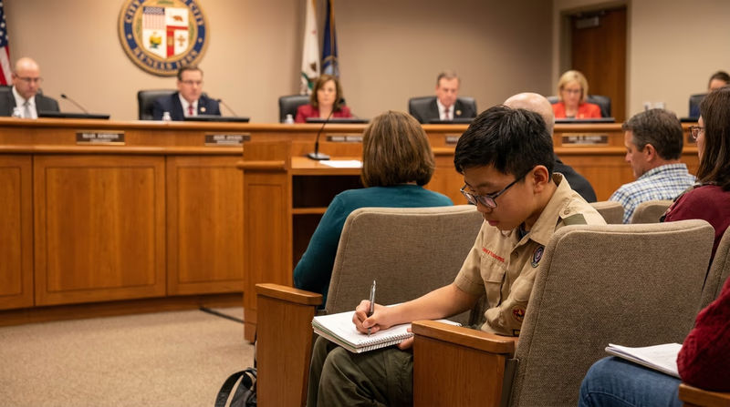 A Scout sitting in the audience of a city council meeting, taking notes in a notebook, with council members seated at a raised desk in the background
