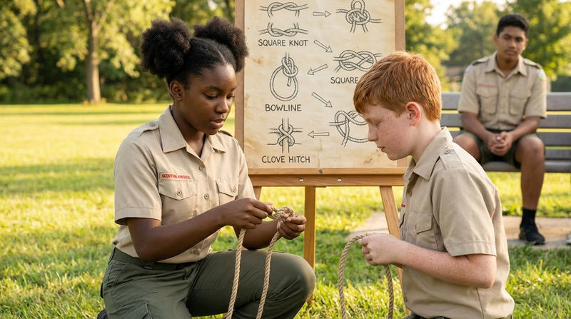A Scout demonstrating how to tie a knot to a younger Scout, with a poster showing knot diagrams propped up behind them on an easel