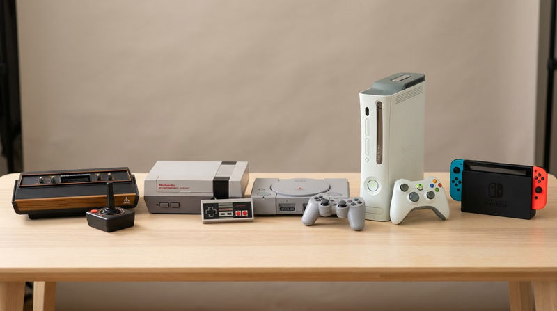 Five iconic gaming consoles shown side by side in chronological order: Atari 2600, Nintendo Entertainment System, original PlayStation, Xbox 360, and Nintendo Switch
