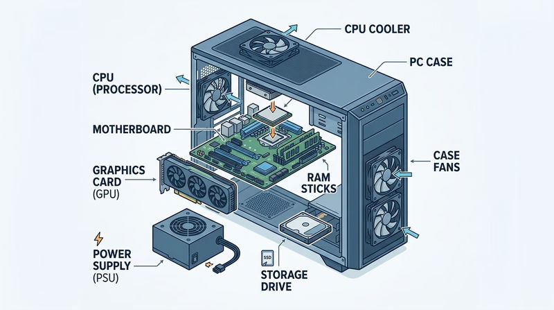 Labeled diagram of a desktop gaming PC showing CPU, motherboard, RAM, graphics card, power supply, storage drive, and case fans