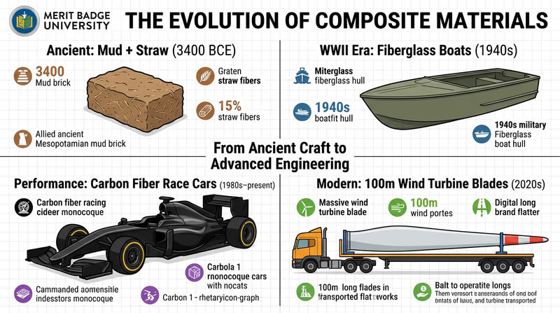 Four examples showing the evolution of composites: an ancient mud brick with visible straw fibers, a WWII-era fiberglass boat hull, a carbon fiber F1 car monocoque, and a modern wind turbine blade being transported on a flatbed truck