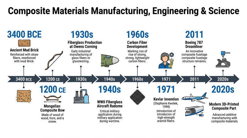 Timeline showing key milestones in composite materials history from ancient mud bricks to modern carbon fiber aircraft