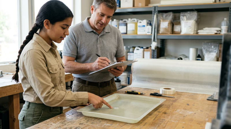 A teenager and an adult examining a finished fiberglass composite part together at a workbench
