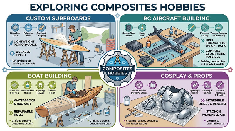 Four hobby applications of composites: custom surfboards, RC aircraft building, boat building, and cosplay prop making