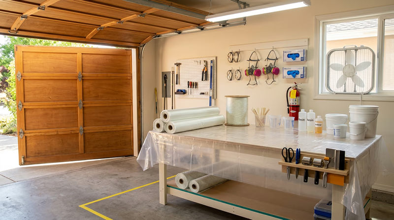 A well-organized composites workspace in a garage with the door open, showing a covered work table, ventilation fan, PPE, and fire extinguisher