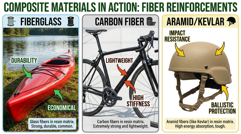 Three fiber-reinforced polymer products shown side by side: a fiberglass kayak hull, a carbon fiber bicycle frame, and a Kevlar ballistic helmet