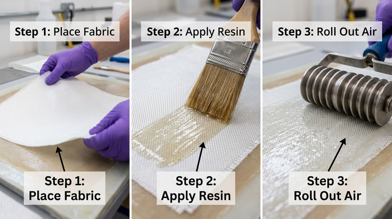 Step-by-step hand lay-up process showing placing fiberglass fabric on a mold, wetting out with resin, and rolling out air bubbles