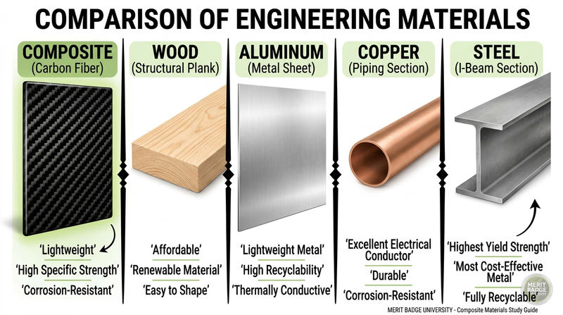 Side-by-side comparison of five material samples: a carbon fiber composite panel, a wooden plank, an aluminum sheet, a copper pipe, and a steel beam, each labeled with top properties