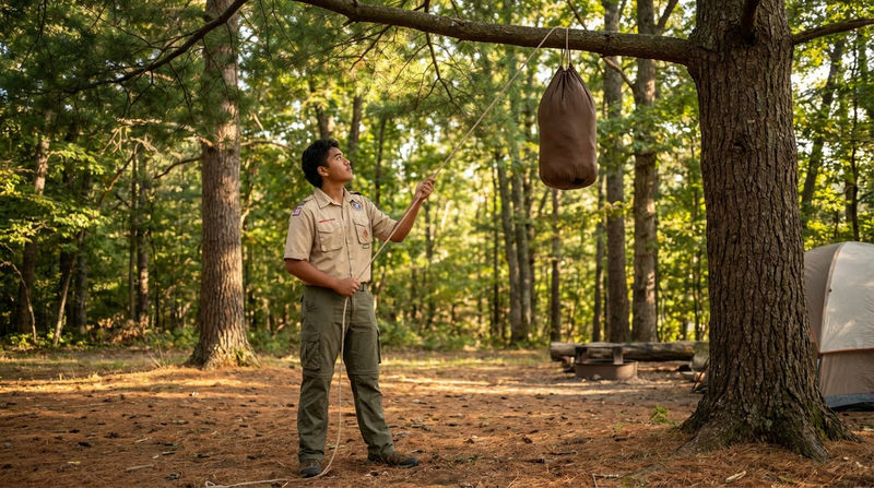 A Scout demonstrating the PCT method of hanging a bear bag from a tree branch, with a rope and carabiner system, at a campsite in the woods