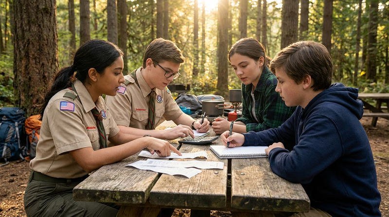 Scouts sitting around a picnic table with grocery receipts, a calculator, and a notebook, working out the per-person cost for their camp cooking trip