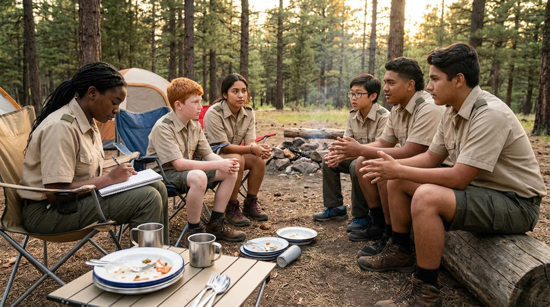 A patrol of Scouts sitting in a circle at camp after a meal, with one Scout taking notes while others share their feedback about the meal