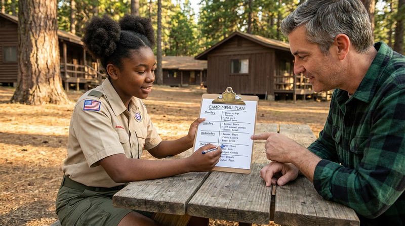 A Scout showing a camp menu plan to a counselor outdoors, with the plan displayed on a clipboard and the counselor pointing to a specific meal