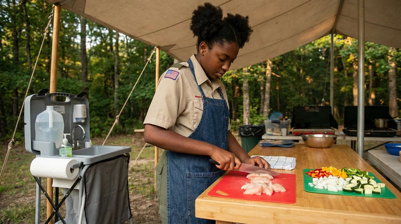 A Scout at a camp cooking station using a red cutting board for raw meat and a green cutting board for vegetables, with a hand-washing station nearby