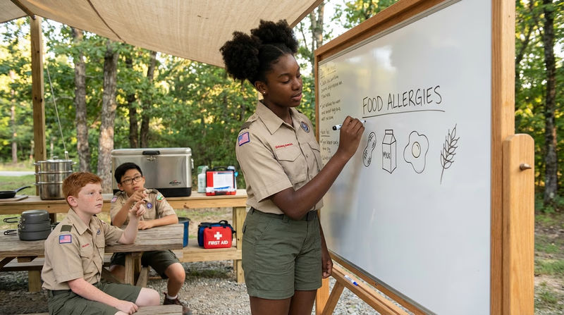 A Scout writing a list of guest food allergies and dietary needs on a whiteboard in a camp kitchen, with common allergen icons displayed