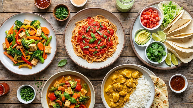 A colorful spread of dishes from different world cuisines arranged on a table, including pasta, stir-fry, tacos, and curry
