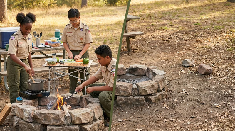A campsite cooking area shown in a before-and-after split: the left shows Scouts cooking, the right shows the same area after cleanup — spotless, with no trace of cooking activity