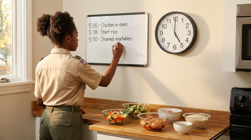 A Scout writing a timing plan on a whiteboard in a kitchen, with a clock on the wall and ingredients prepped in bowls on the counter (mise en place style)