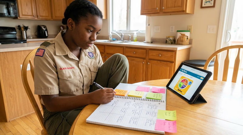 A Scout sitting at a kitchen table with a notebook, the MyPlate guide open on a tablet, and a pencil, planning a three-day menu